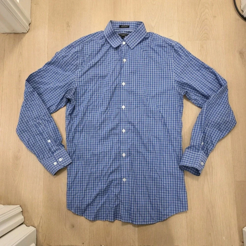 Banana Republic Blue White Gingham Cotton Stretch Grant Slim Fit Button Up Sz M